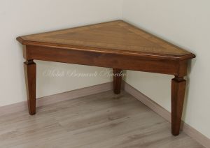 Classic triangular coffee table made of solid walnut with inlaid olive wood top